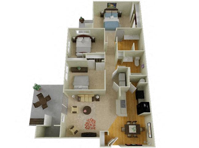 Floor plan for 3 beds, 2 baths, 1230 sqft